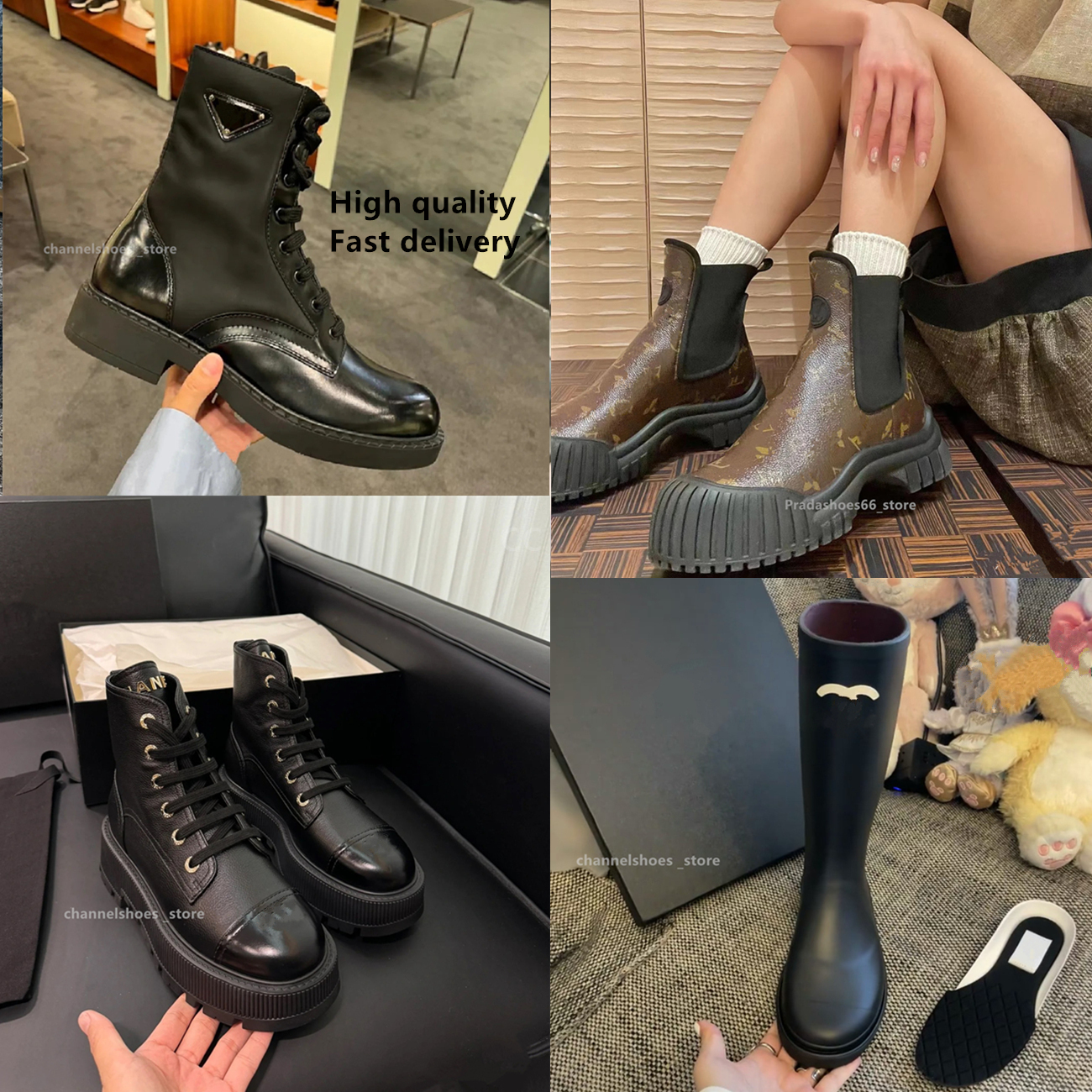 Paris 2025 Luxury designer Martins Boots Woman wellington Rain Boots High Quality Women bottes Shoes Fashion channelBoots fen Lace Up Non-Slip Ankle combat Boots cha