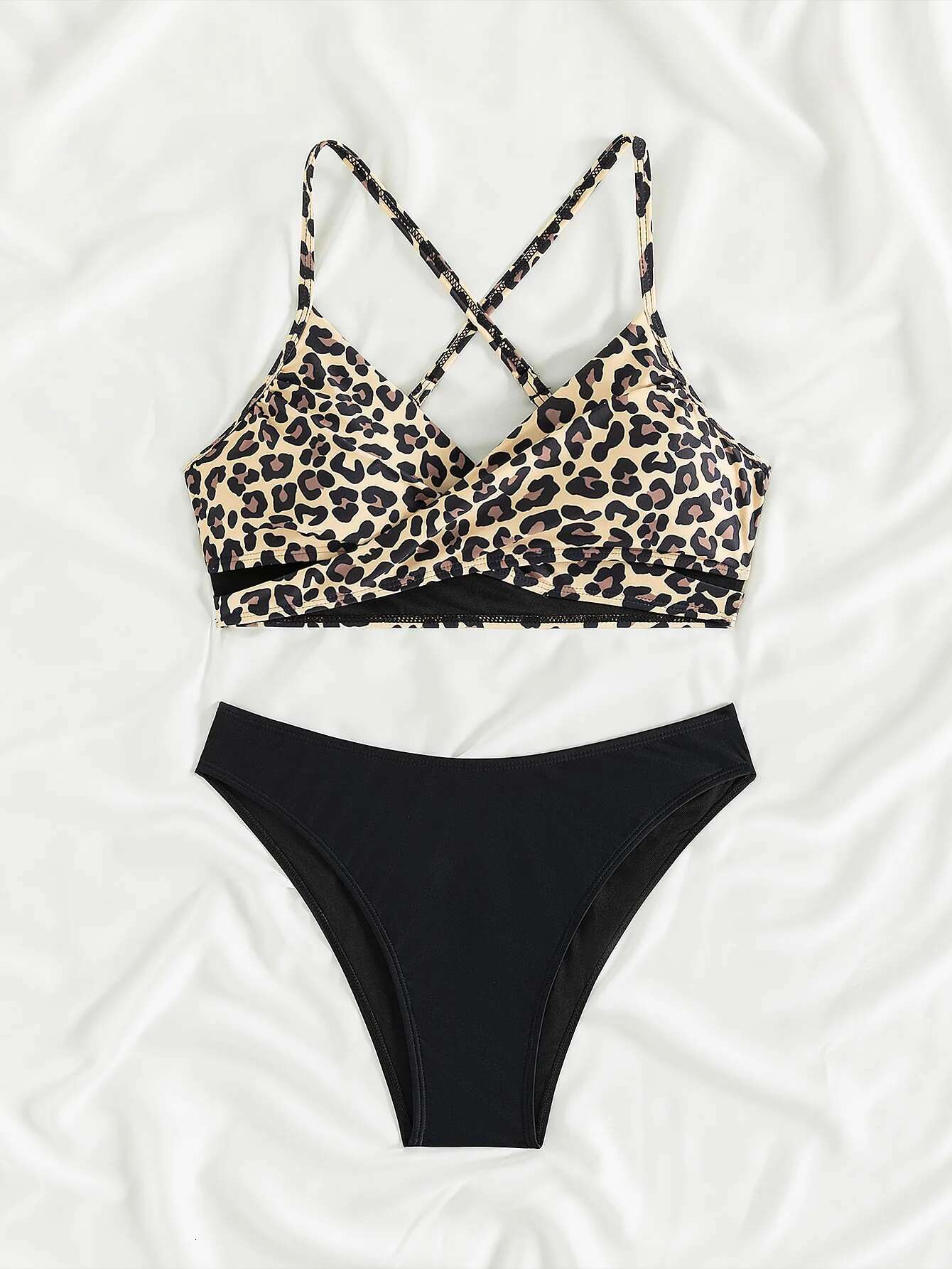 Dongdumaoyi Sexy Leopard Print Cross Bikini Set Women Halter Push Up Black High Waist Swimsuit Summer Bathing Suit Two Piece Swimwear