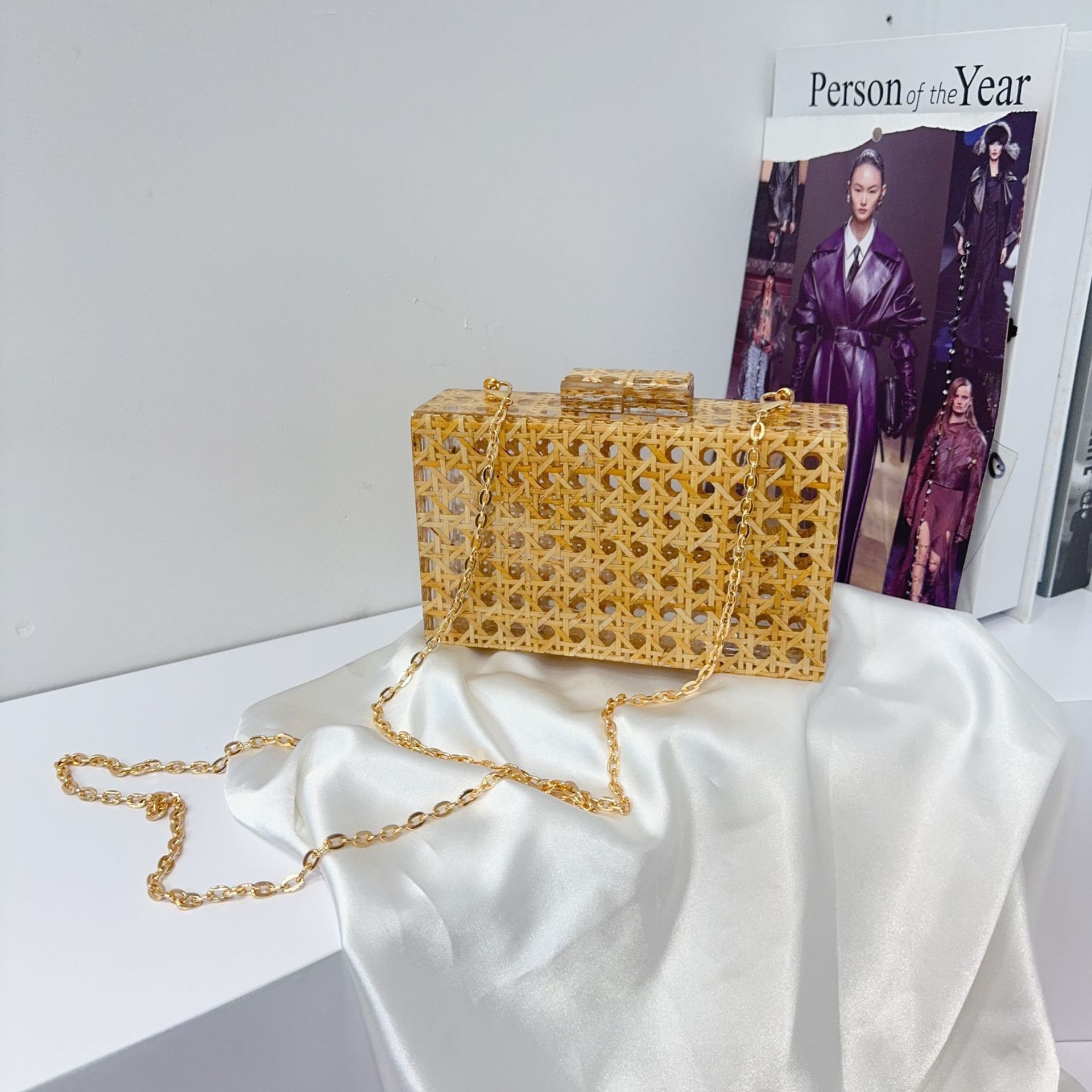 Women Rattan Acrylic Box Cane Evening Clutch Wedding Party Purses Summer Wicker Handbags Designer High Quality Woman's Bag