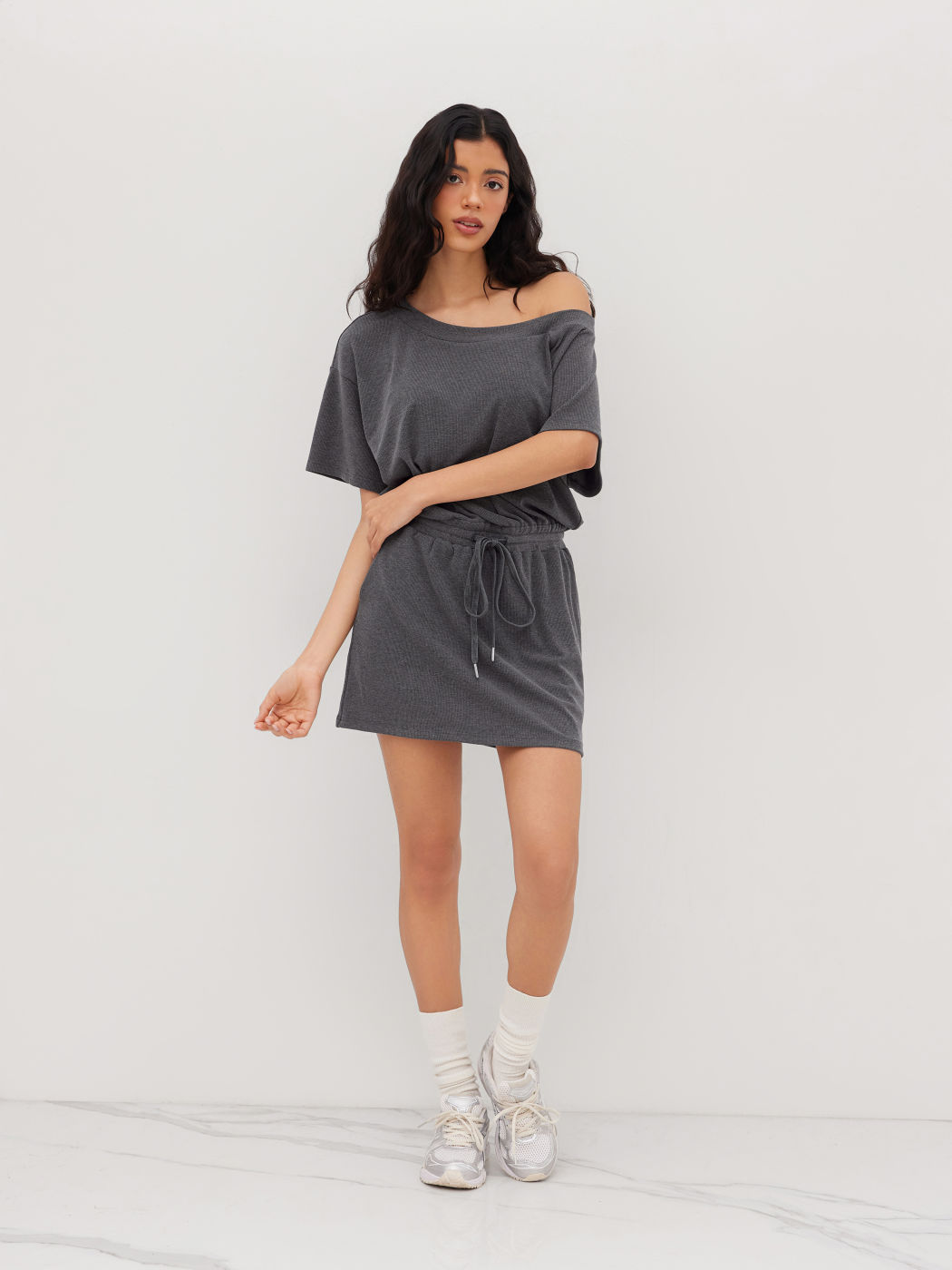 Women's Asymmetrical Off-shoulder Knit Mini Dress with Drawstring Elastic Waist For Daily Casual