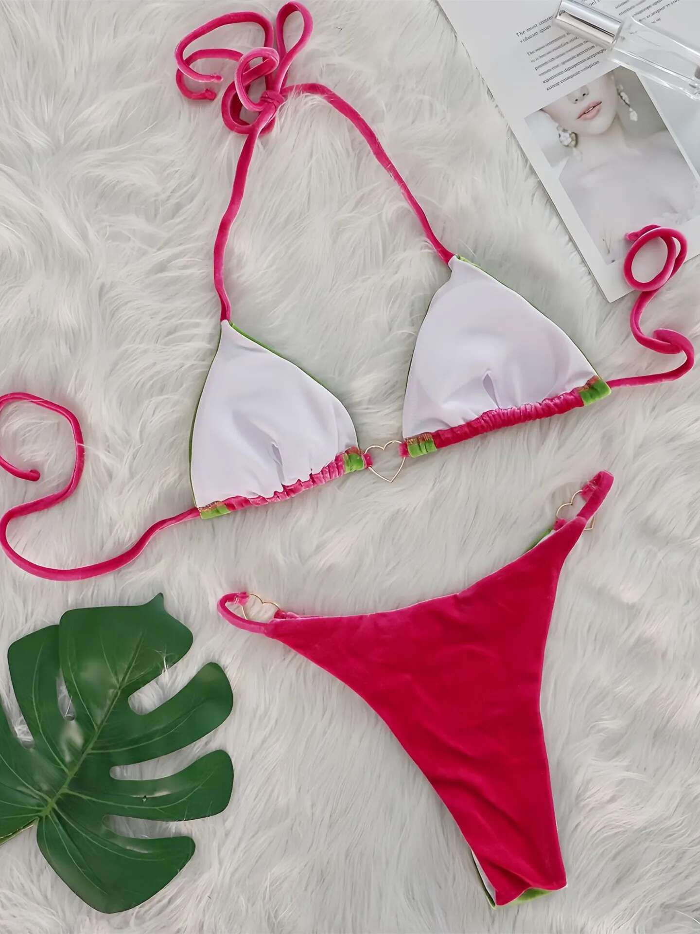 Dongdumaoyi Sexy Velvet Bikini Women Metal Heart Decoration Green Hot Pink Patchwork Push Up Micro Swimsui Bathing Suit Thong Swimwear
