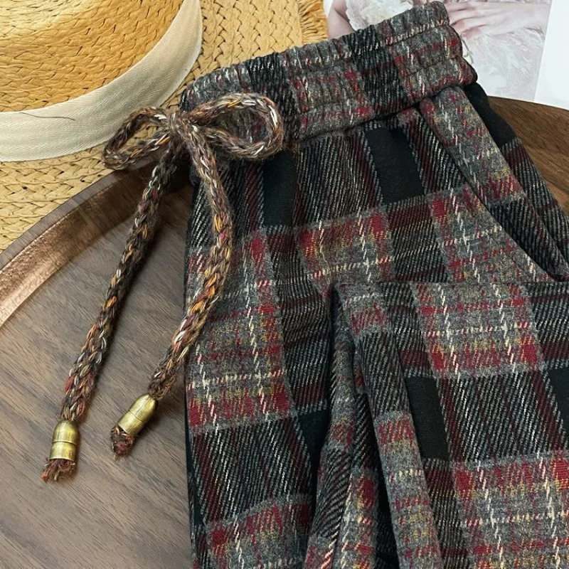 Womens Spring and Summer Wide Straightleg Casual Pants Grinding Fashion Retro Versatile Wideleg Plaid Z260314