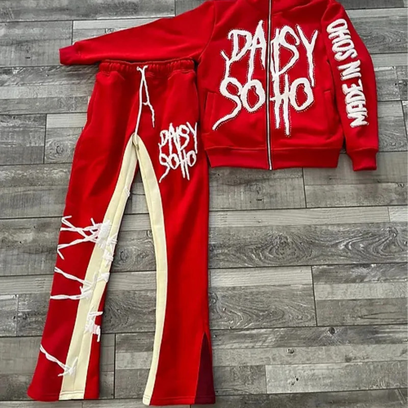 Y2K hiphop European and American trend loose rope sweater letter printing splicing casual high street 250403