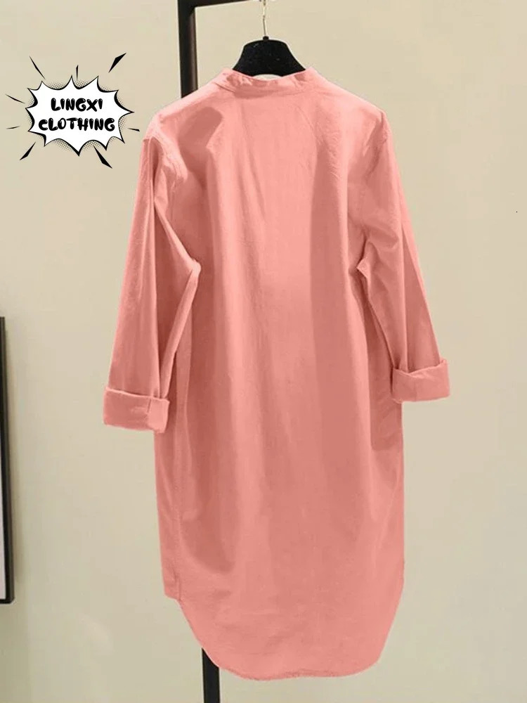 Fashion Elegant Solid Cotton Linen Womens Shirt Single Breasted Round Neck Casual Style Mid Length Shirt 250402