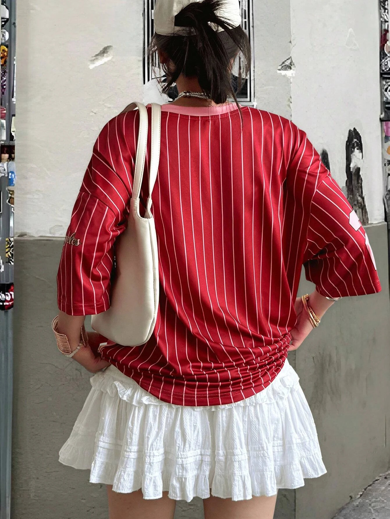 INAWLYNS womens casual sports style # 23 and letter stripe splicing work print loose fashionable Vneck Tshirt short sleeved top 250407