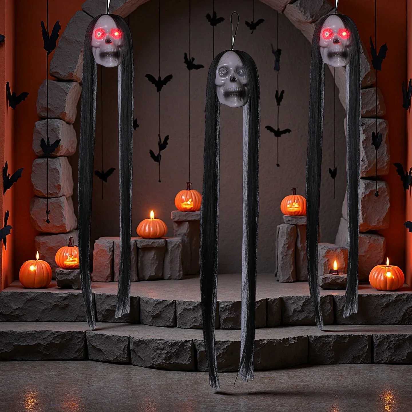 Halloween Hanging Ghost Skull with Long Hair Glowing Eyes Terror Skull Ghost House Head Skeleton Props 2024 Halloween Decoration W251107