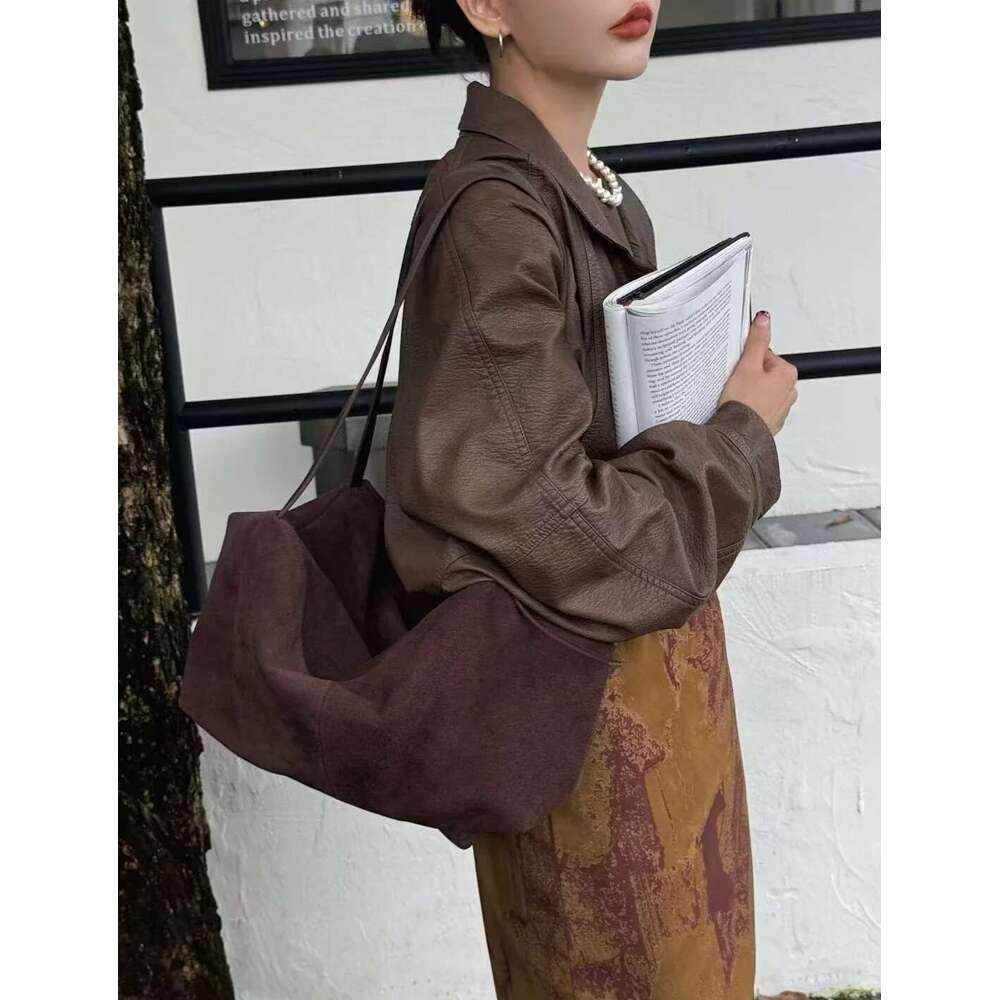 European American Style 100% Natural Suede Cow Leather Tote Huge And Lazy Commuting Nubuck Winter Handbag Camel