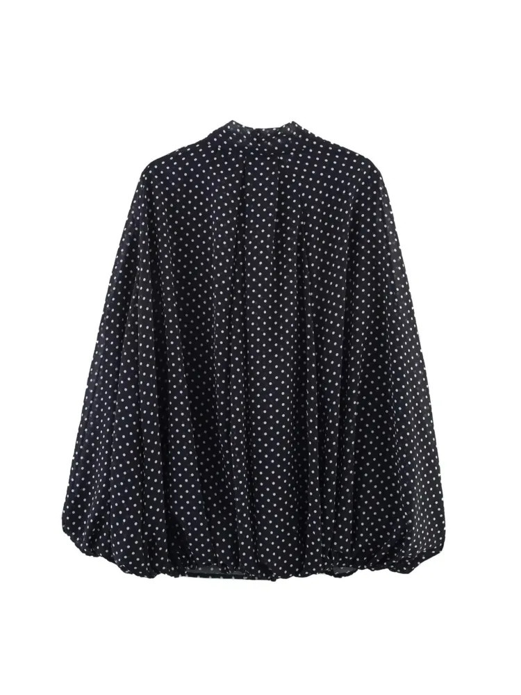 Open top shirt with tie womens casual Vneck lightweight polka dot long sleeved and blouse 250407