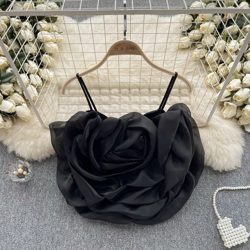 Niche Vacation Style Organza 3D floral Camisol vest womens summer fashionable casual short top 250407