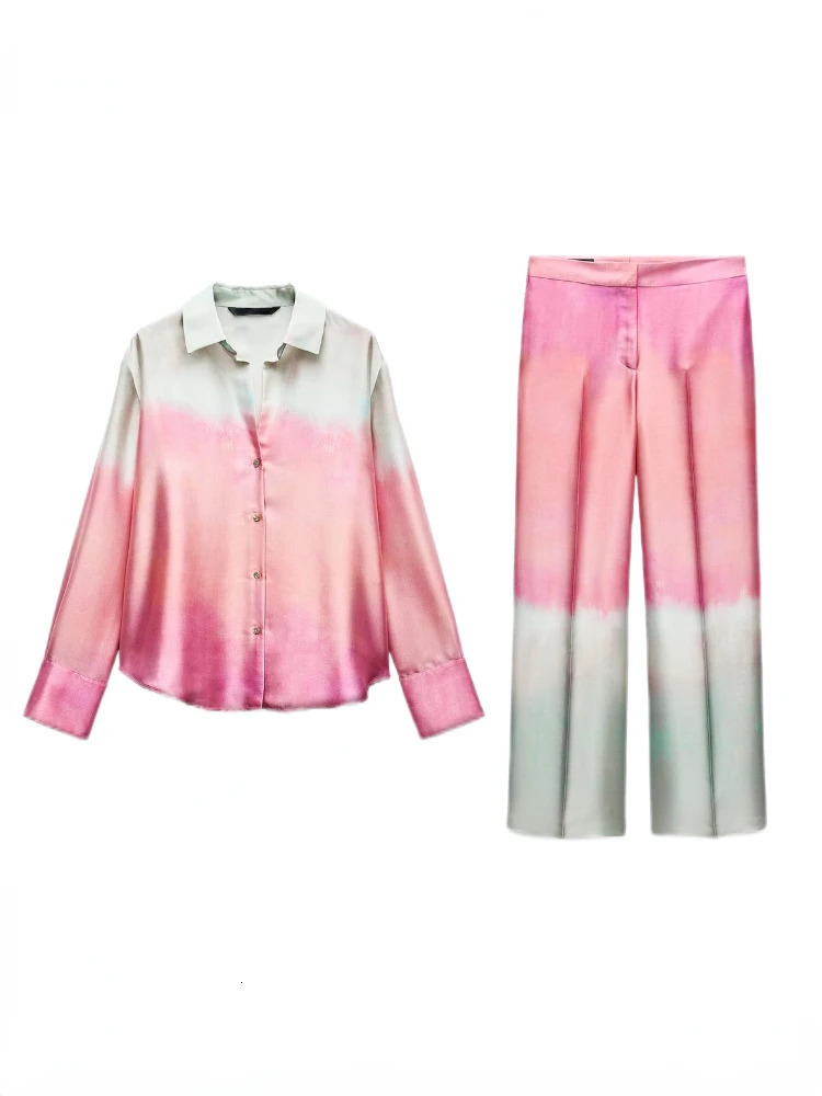 Womens tie dye printed shirt pants set Vneck long sleeved satin high waist wide leg silk autumn womens fashion 250313
