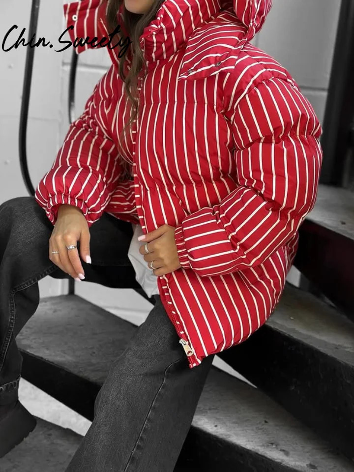Fashion Striped Women Quilted Jacket Loose Hooded Thicken Zippers Long Sleeve Female Outwear 2025 Autumn Winter Lady Streetwear 251106