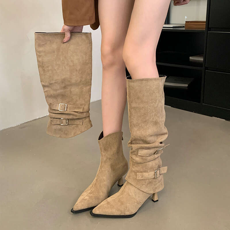 Suede Pointed Toe Ruched Free shipping Slouch For Women 2025 Autumn Winter New Detachable Two-Way Wear Stiletto Long High Heel Short Boots