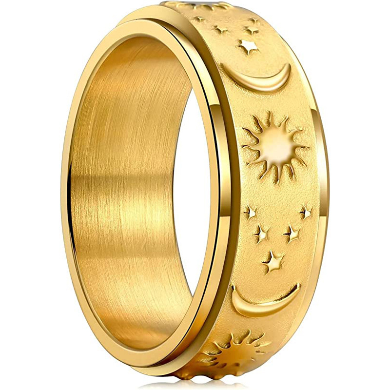 Top Source Star Moon Sun Titanium Steel Ring, Rotating Bohemian Style Stress Relieving Ring Jewelry