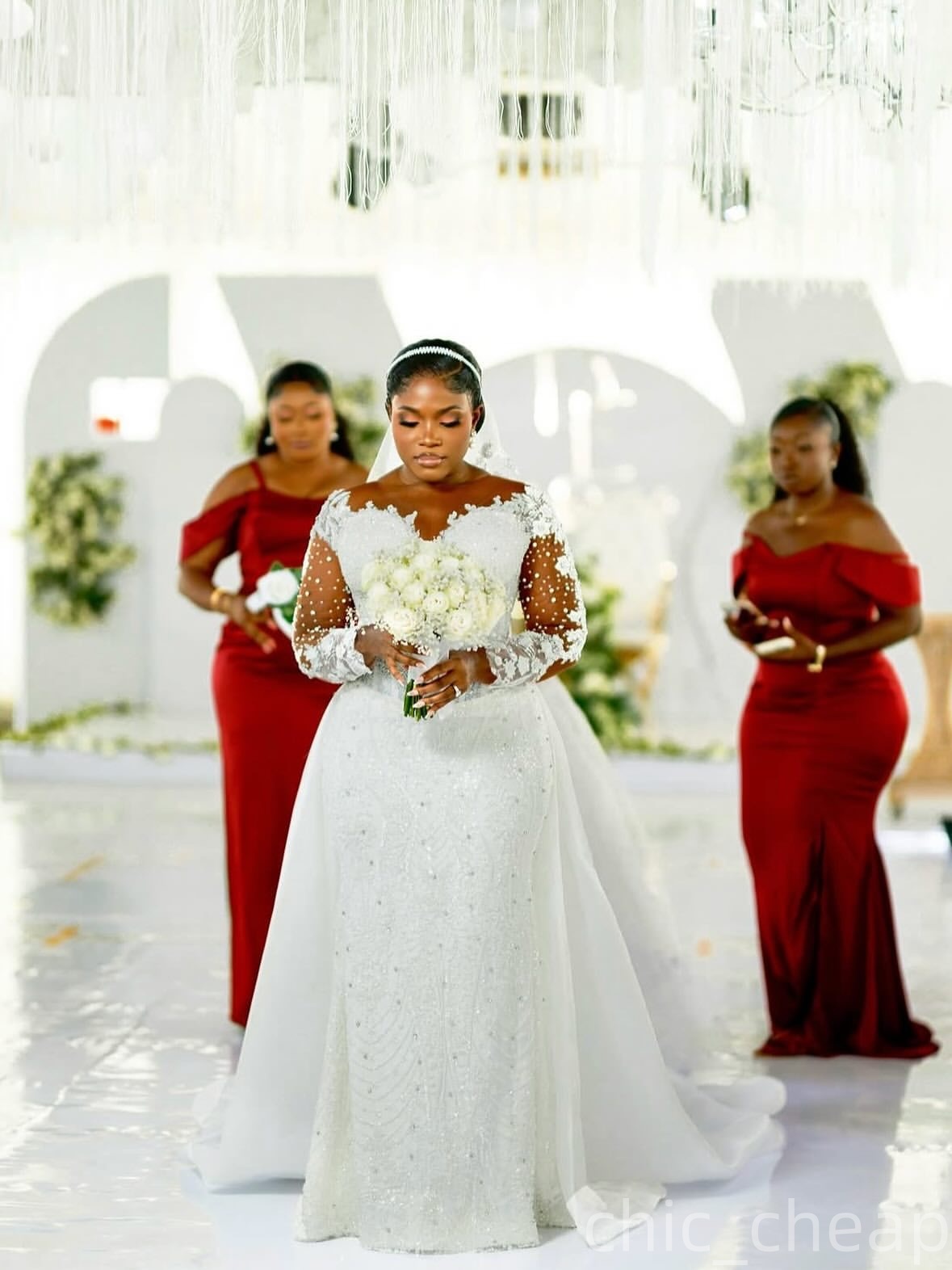 2026 Aso Ebi Plus Size White Mermaid Wedding Dress Beaded Crystals Detachable Train Sequined Full Sleeves Stylish Bridal Gowns Dresses ZJ0461