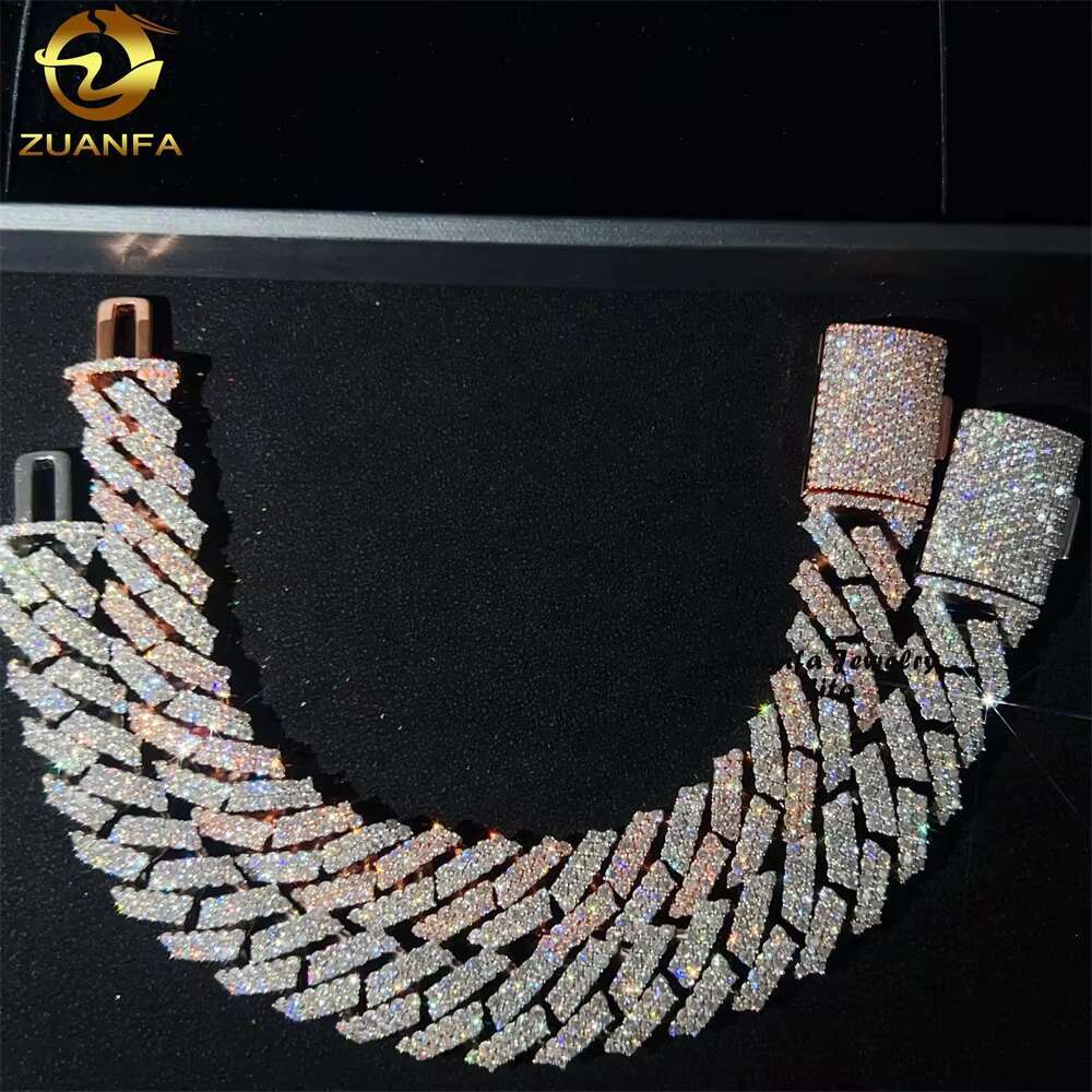 15mm Two Tone Color Rose+White Rapper Man Jewelry Hip Hop Iced Out S 925 Silver VVS1 Moissanite Diamond Miami Cuban Bracelet
