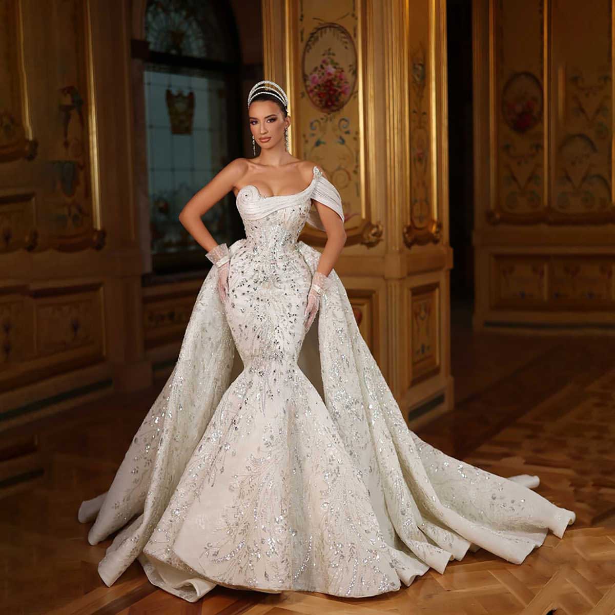 New Mermaid Wedding Dresses Elegant Ball Gown Bride Dress Crystal Lace Bridal Gown Detachable Train Robe De Vestido HOT SALE Customized Plue Size H254