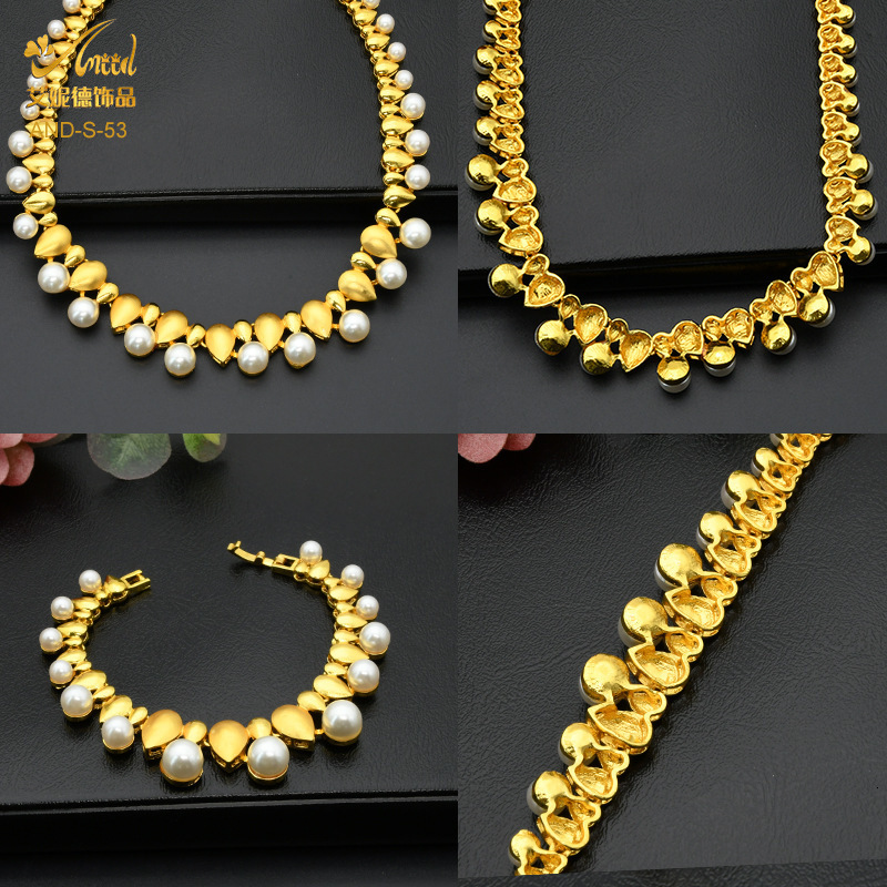 Dubai bride wedding zircon pearl necklace ring earring bracelet four piece set womens banquet Jewelry Set 230313