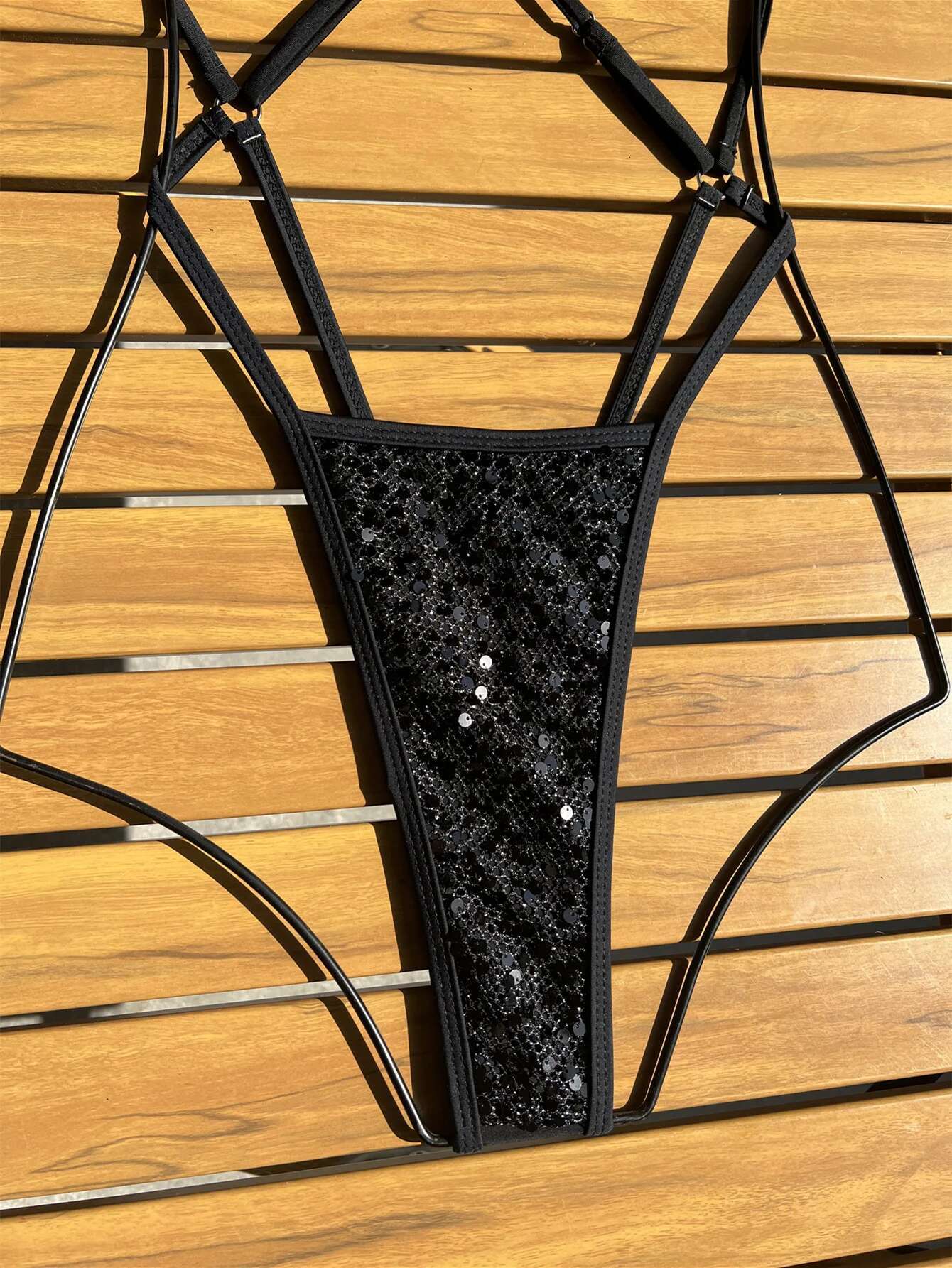 Dongdumaoyi Shiny Black One Piece Swimsuit Women Sexy Sequin Hollow Out Backless Thong Bikini Beach Bathing Suit Swimwear Monokini