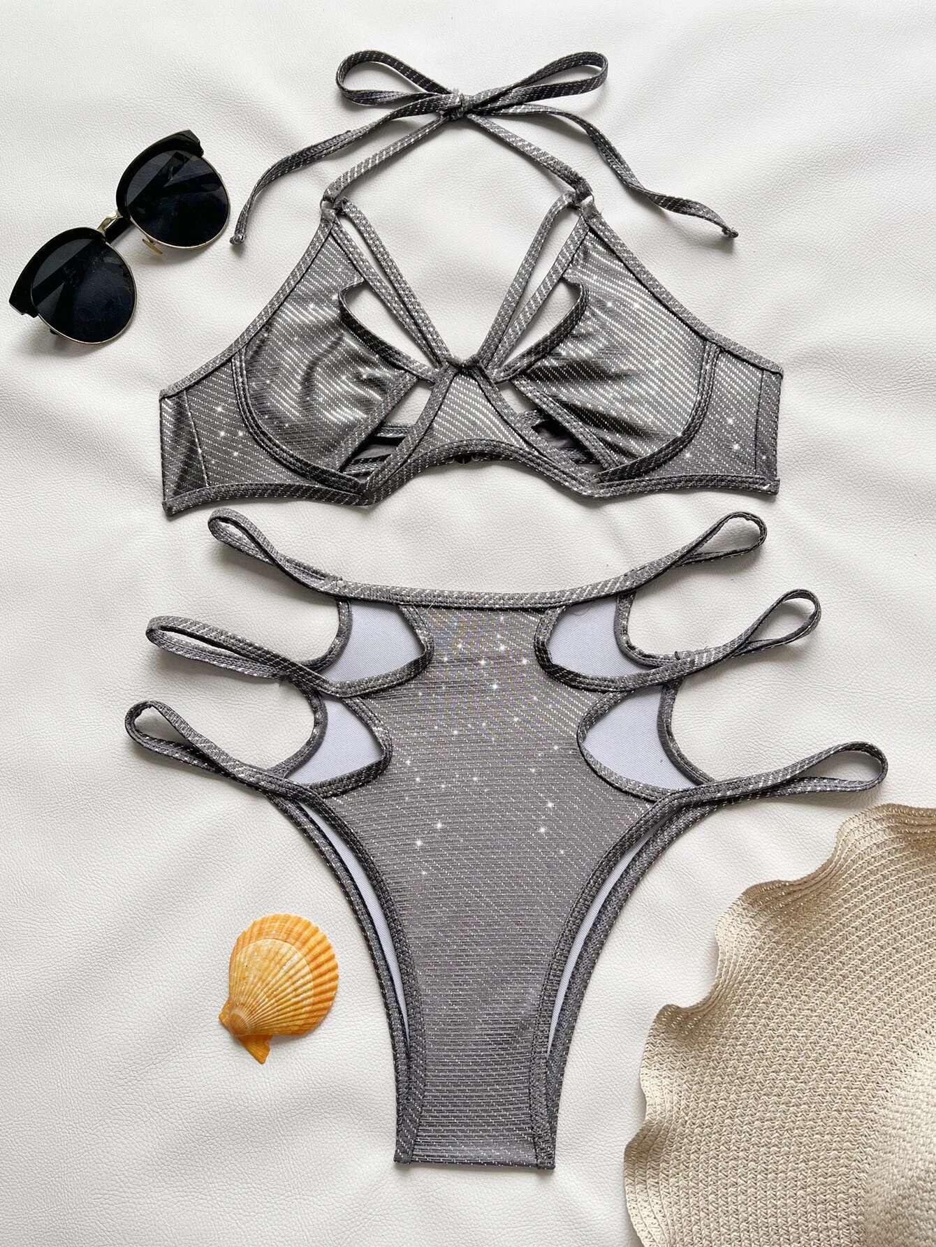 Dongdumaoyi Sexy Silver Bikini Women Halter Hole Out Push Up Hollow High Waist Swimsuit Brazilian Beach Bathing Suit Two Piece Swimwear