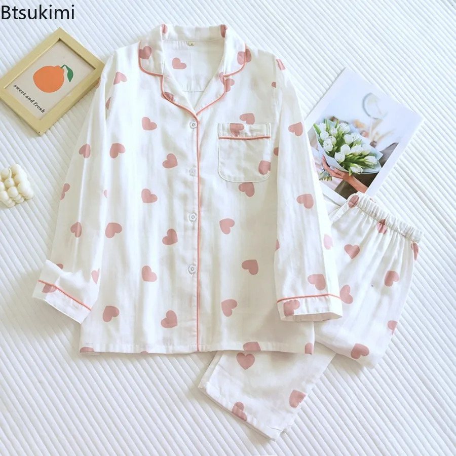 100% Cotton Gauze Pajamas for Women Love Heart Print Sweety Sleepwear Spring Autumn Nightwear 2 Piece Sets Women Loungewear 250402