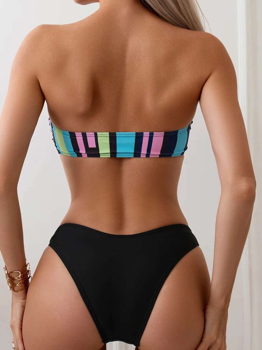 Dongdumaoyi Sexy Bandeau Bikini Set Women Green Striped U Neck Push Up Micro Swimwear Summer Beach Bathing Suit Thong Swimsuit Biquini