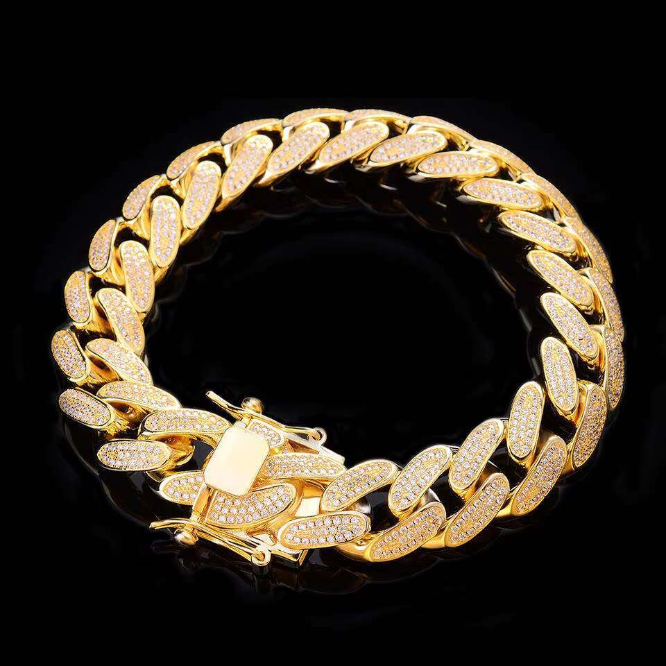 New Design Hip Hop Jewelry 14MM Gold Plated Cubic Zircon Stones 925 Sterling Silver Cuban Chain Miami Bracelet for Men