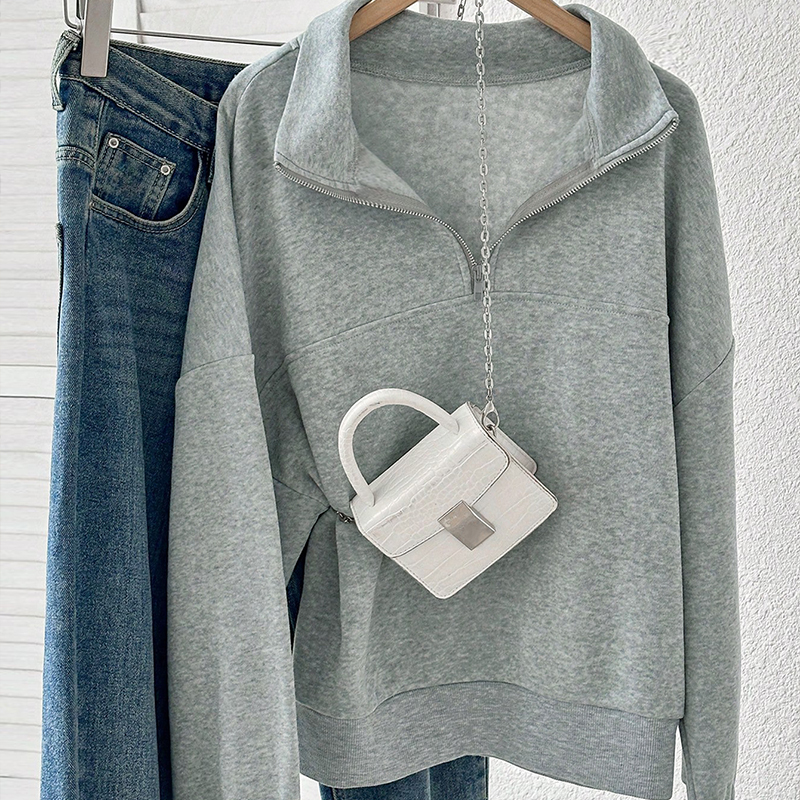 Women's new solid-color sportswear top, versatile gray color, with added insulation, pullover with turned-up collar, half-open front---SSL017