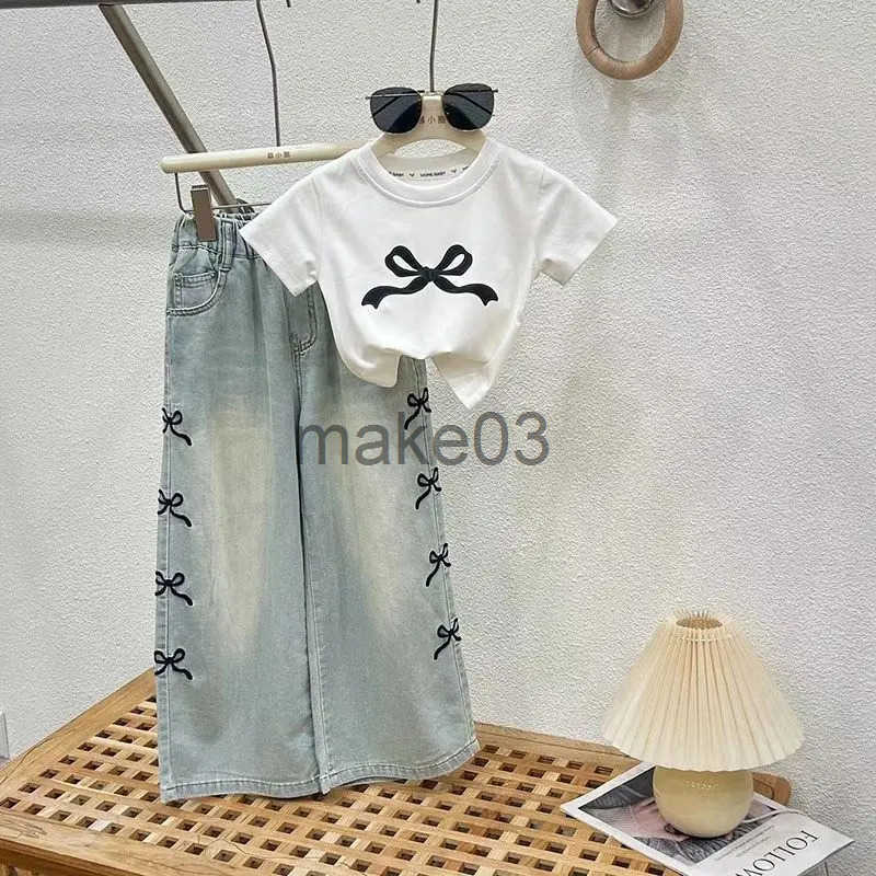 Girls thin suit teenage girls wide leg jeans T-shirt 2-piece summer childrens clothing set J250403