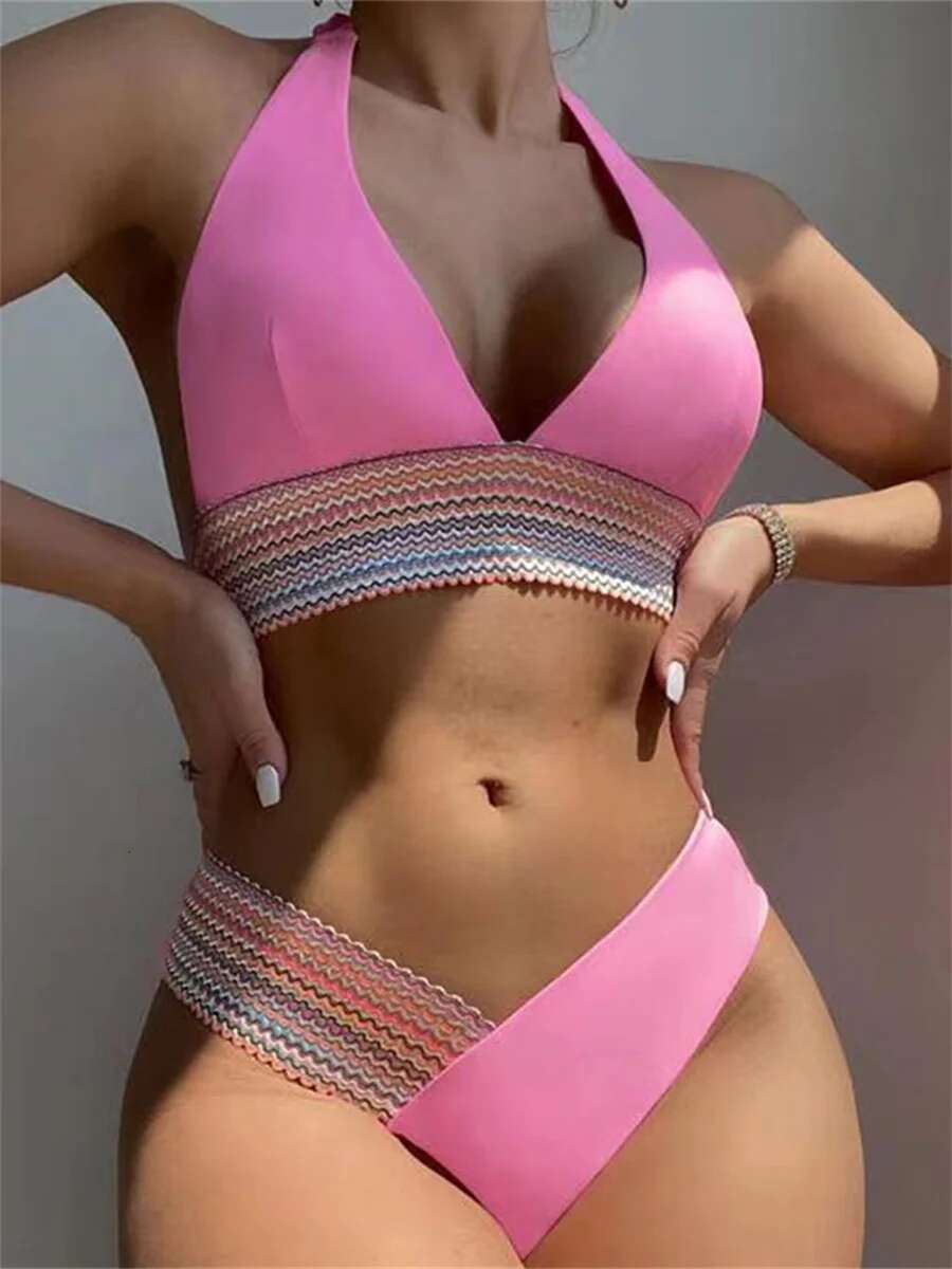 Dongdumaoyi Bikini White Knit Patchwork Micro Swimsuit Brazilian Halter Push Up Beach Bathing Suit Two Piece Swimwear Biquinis Feminino