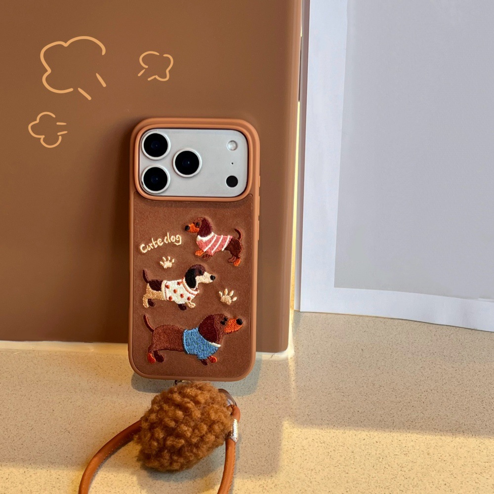 Embroidered Dachshund Dog Phone Case Compatible with iPhone 17/16 Pro Max Cartoon Lanyard iPhone 15/14 Pro