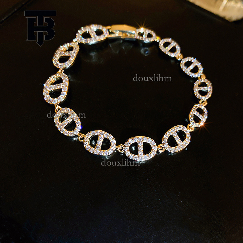 TB BHULAMTE Designer Luxury Gold - Tone Linked Oval Bracelet With Rhinestone Accents Sparkling Zircon Trapezoidal Opening Bracelet With Gold Style Fas