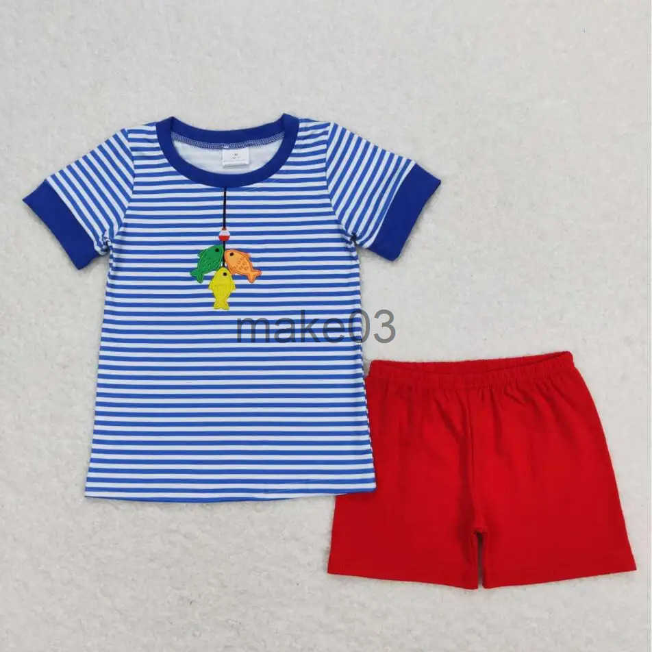 Summer Baby Boys God Blessing The USA Outfits Navy Blue Shorts Red Shirt Childrens Clothing Boutique Wholesale Set J250403