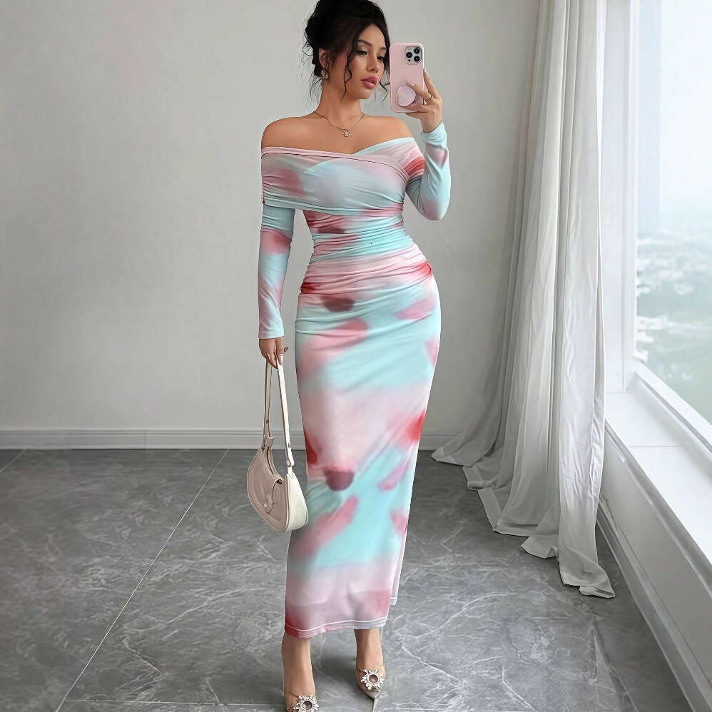 2025 Early Autumn New Sleeve Printed Off-Shoulder Slim Fit Elegant Long Dress for Women