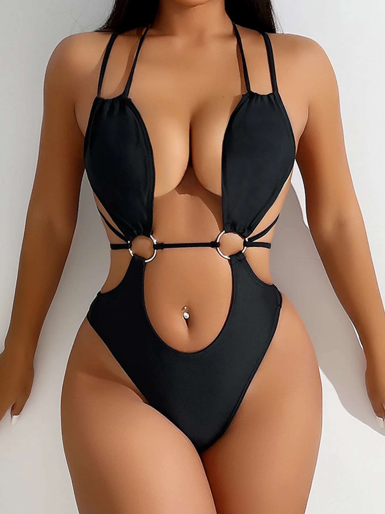 Dongdumaoyi Sexy Hollow Out One Piece Swimsuit Women Black Metal Ring Linked Cut Up Backless Thong Bikni Beach Bathing Suit Swimwear