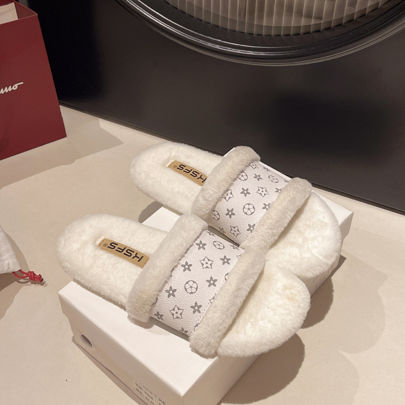 New design Flat woolen slippers for women to wear outside 2025 Autumn/Winter New style with fleece warmth for home indoor one-line cotton slippers Fre