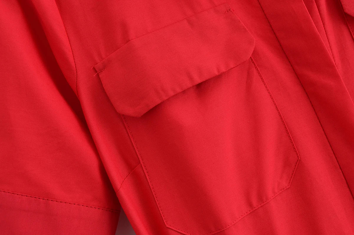 Spring and summer womens clothing temperature red bow decoration lapel short sleeved poplin shirt style MIDI dress 250407