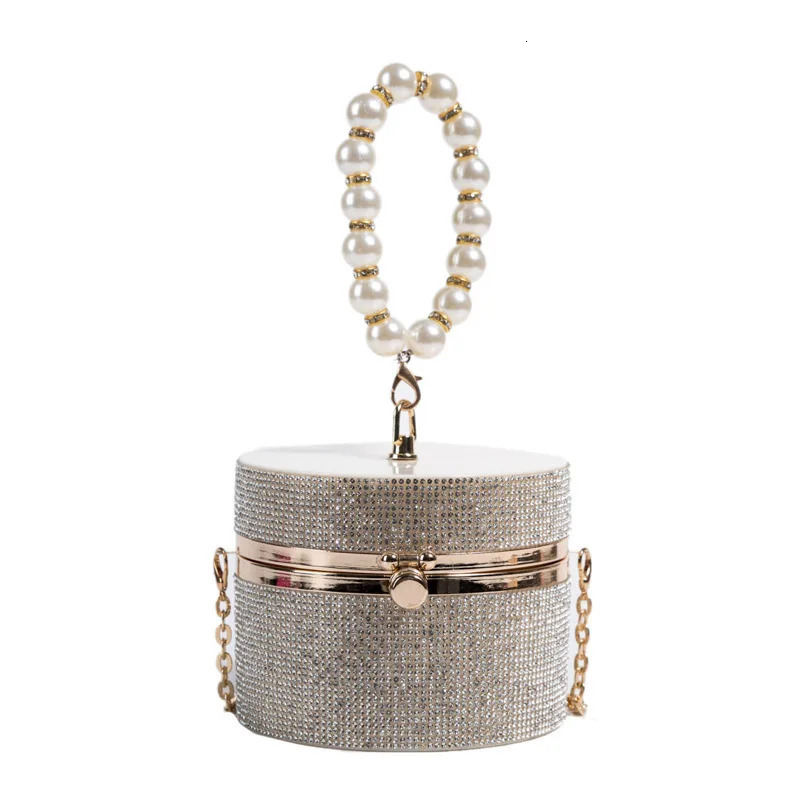 Round plastic box party clutch bag womens wallet and handbag wedding evening bag chain shoulder bag bead wristband 250402
