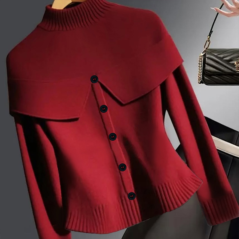 Women's solid-color top, long-sleeved sweater with turned-up collar, fake buttons, casual and romantic style, women's outwear, women's 