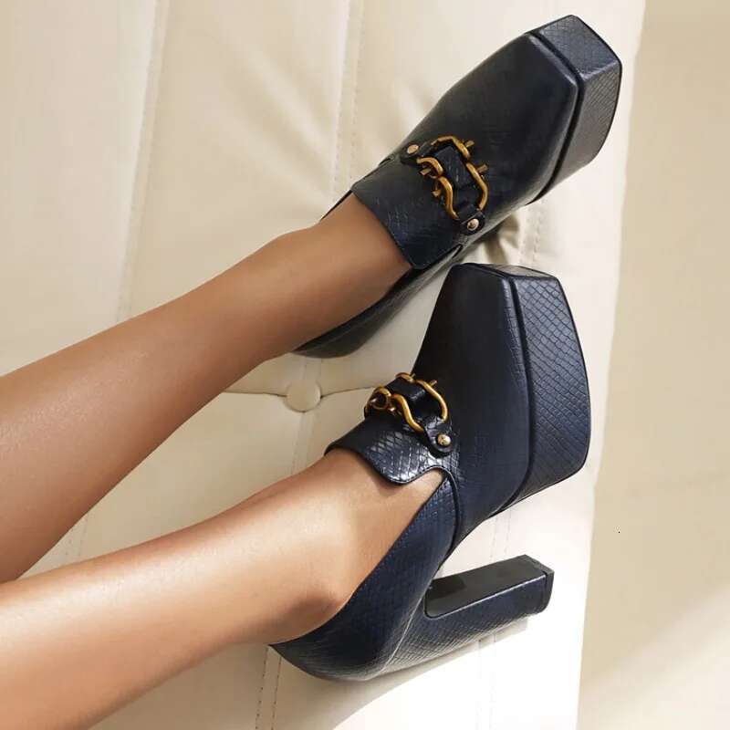 Spring Autumn New Styles Fashion High Women Shoes Solid PU Metal Decoration Square Toe Slip-On Party Heels Women High 13Cm