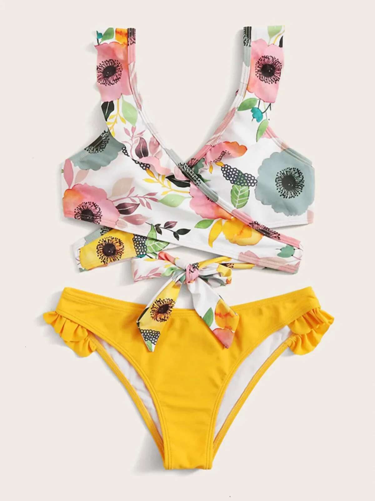 Dongdumaoyi Yellow Flower Print Two Piece Swimsuit Sexy Cross V Neck Suspender Backless Bikini Set Ruffle Beach Vacation Bathing Suit
