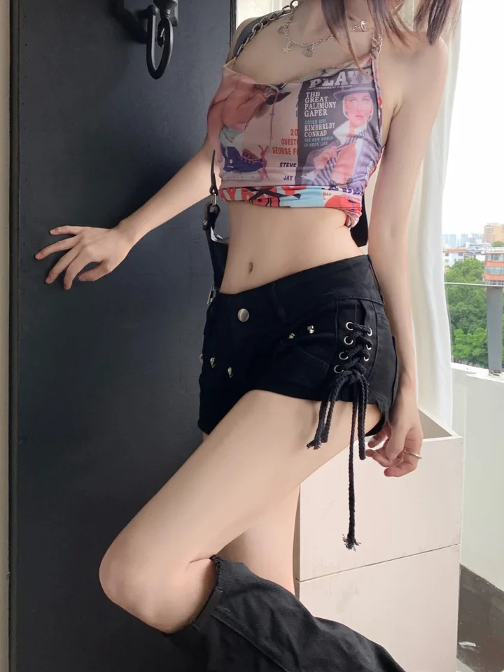 American Retro Black Sexy Skull Mini Jean Shorts Women Y2k Summer Low Wasit Micro Short Jeans Woman with Bandage Korean Fashion 250407