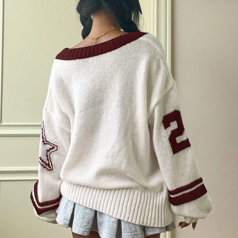 Women's color-blocked sports top, V-neck long-sleeved sweater, color-block stripes, number pattern jacquard--SSJ020