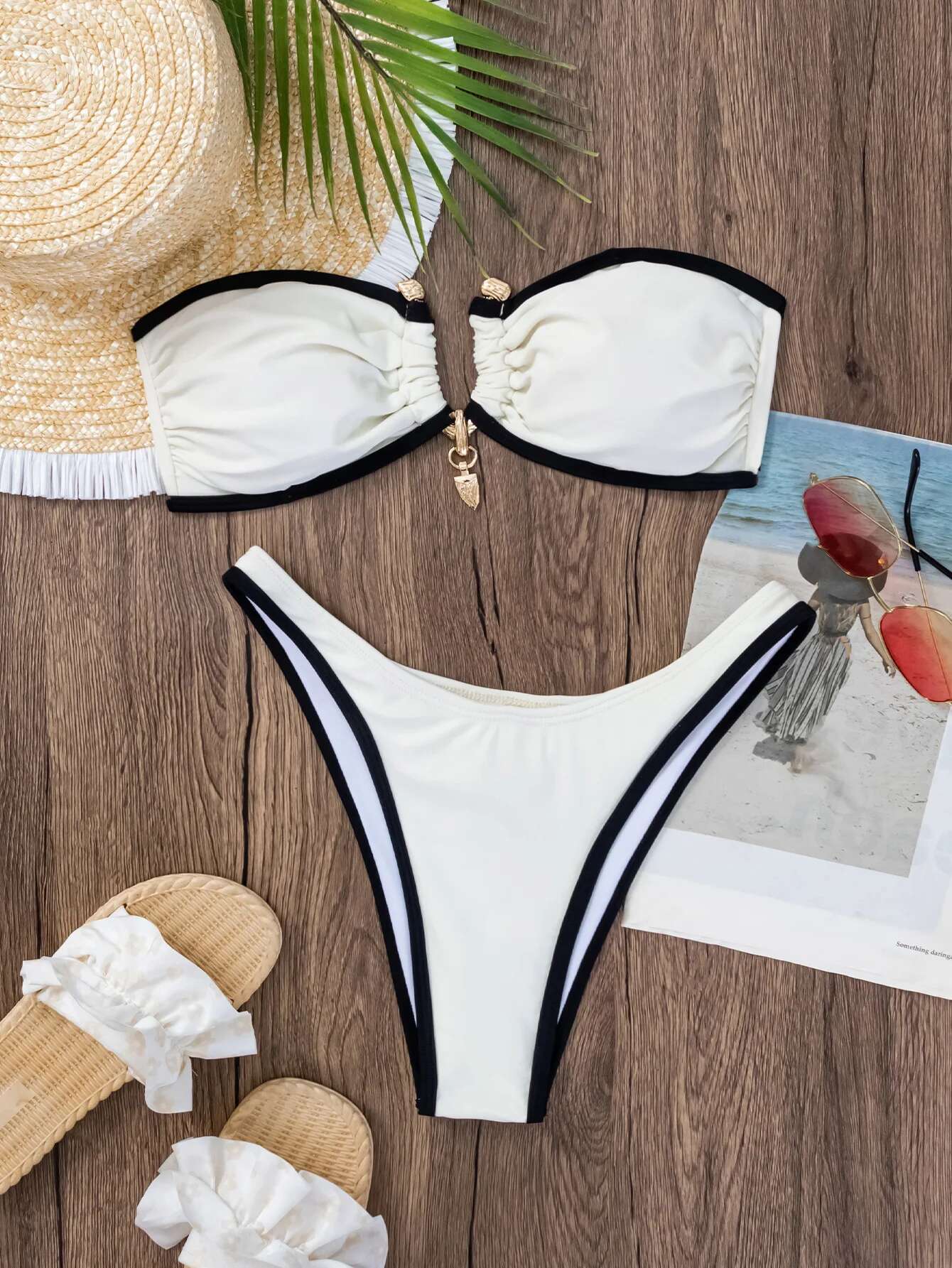 Dongdumaoyi Bandeau Bikini Women Sexy Beige Contrast Pleate Push Up Micro Swimwear Brazilian Cut Out Beach Bathing Suit Thong Swimsuit