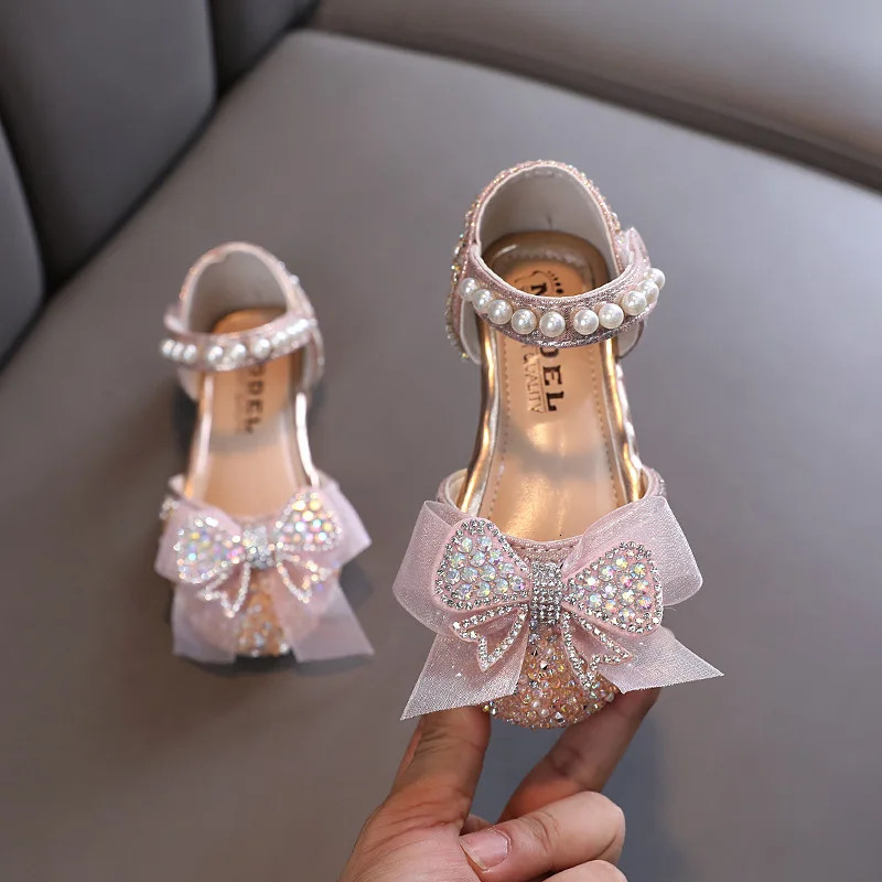 Princess girl silver sandals bow sandals summer pearl glitter rhinestone party wedding non slip flat shoes 250402
