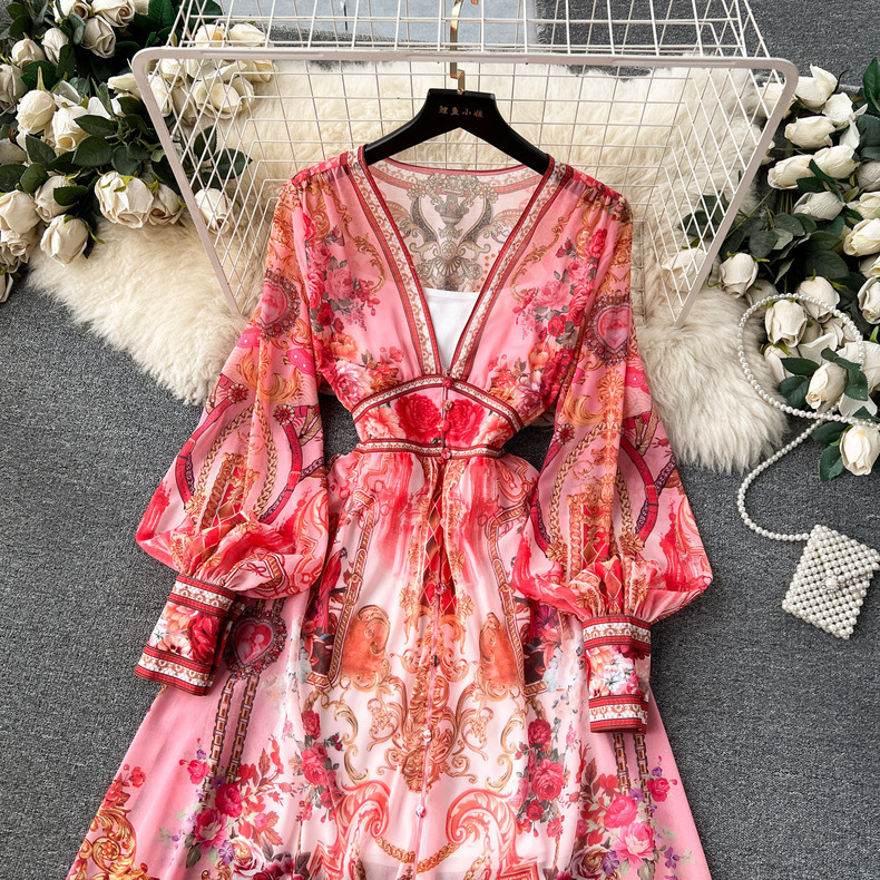 Basic Casual Dresses Runway Flower Elegant Chiffon Maxi Dress Women Deep V Neck Long Sleeve Floral Print Holiday Party Split Robe Vestido 230801