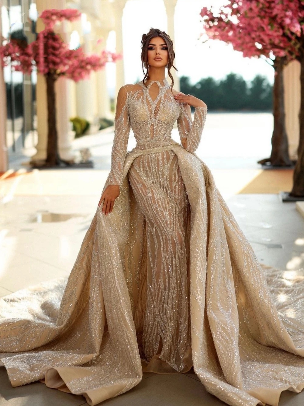 Sparkling High Neck Tulle Crystals Wedding Dress Illusion Sleeve Beaded Customized Bridal Gown With Detachable Train Vestido De Novia