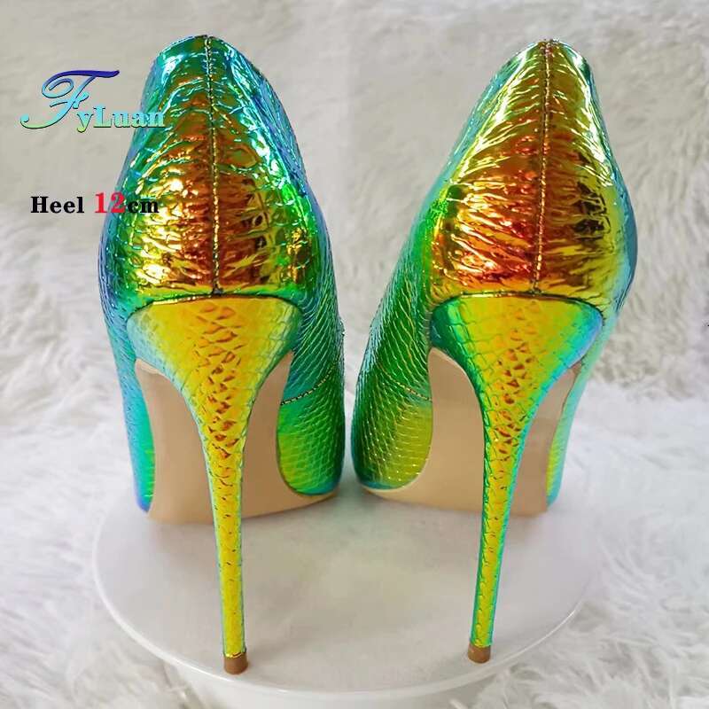 Fashion Pointed Women Thin High Heels Summer Snake Patted Single 6-12Cm Holographic Laser Party Shoes Elegant Female Pumps