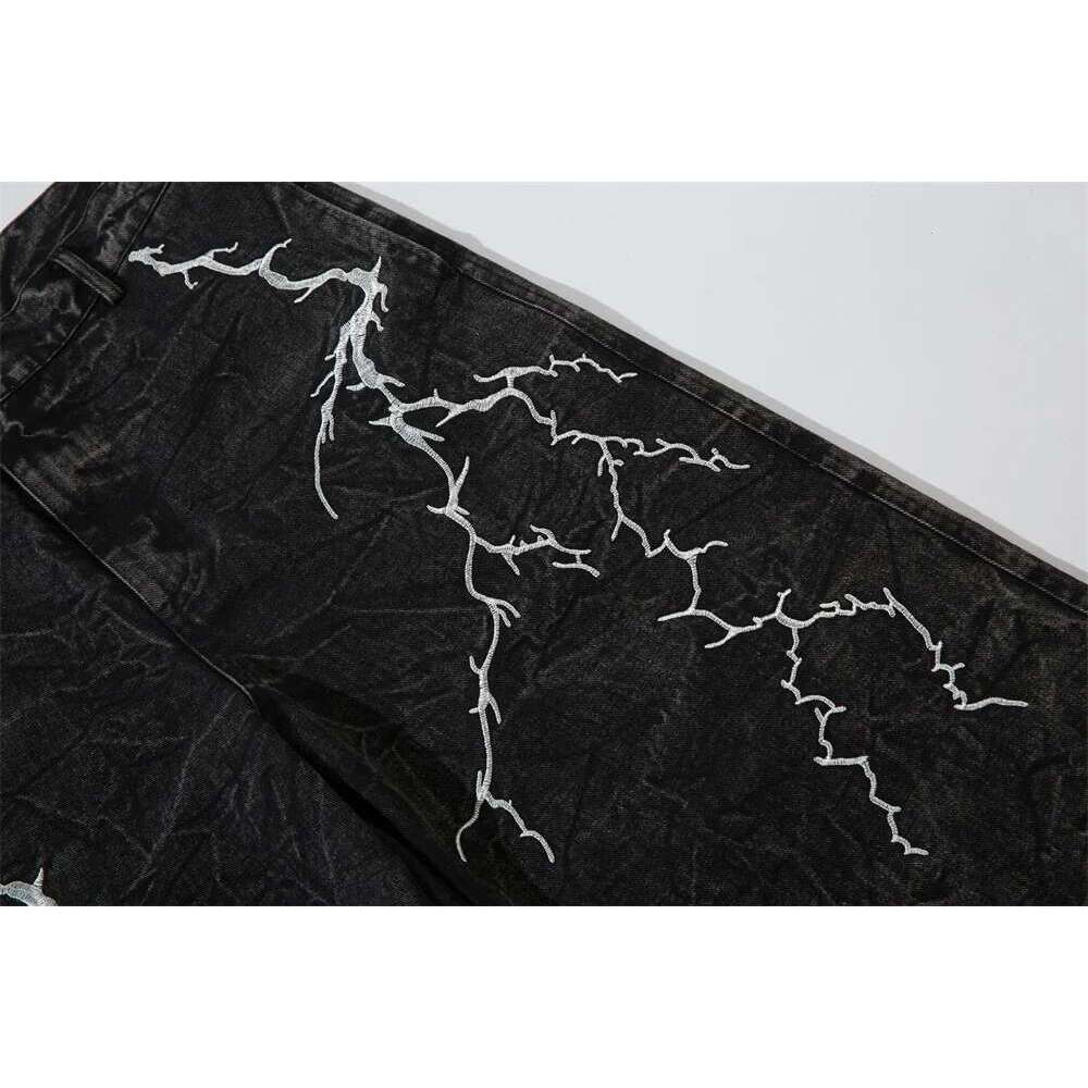 Lighing Embroidery Jeans Mens High Street Washed Distressed Loose Wide Leg Denim Pants Men Trousers