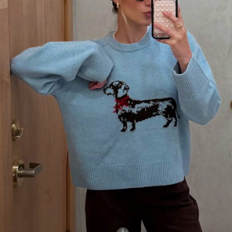 Women's color-block top, round-neck long-sleeve sweater, puppy print, romantic fall and winter best-selling versatile, Valentine's Day outfi