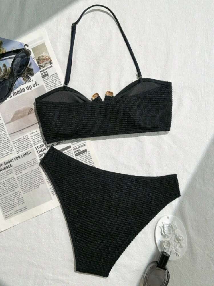Dongdumaoyi Sexy Bandeau Bikini Women Black Metal V Wire Push Up Micro Swimsuit Brazilian Beach Bathing Suit Thong Swimwear Biquini